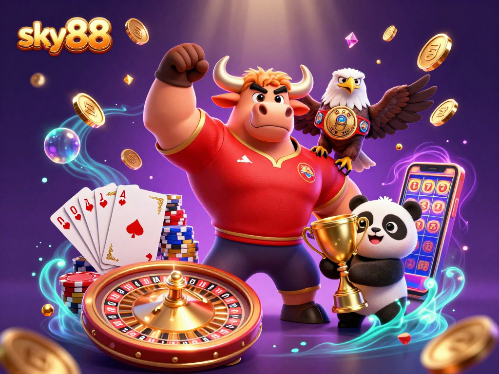 Experience thrilling wins at sky88 with energetic characters celebrating in a vibrant casino scene.