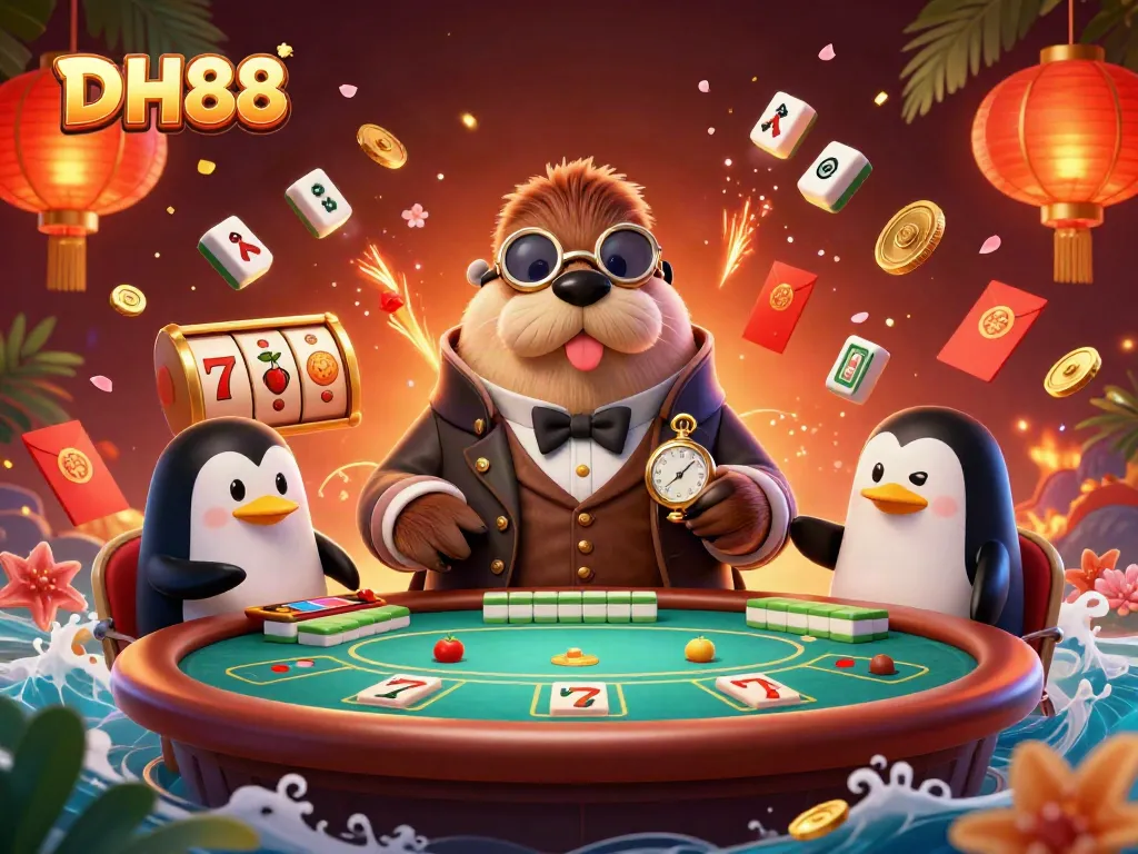 Engaging DH88 casino scene featuring a walrus poker player, dealer penguin, and bluffing pufferfish.