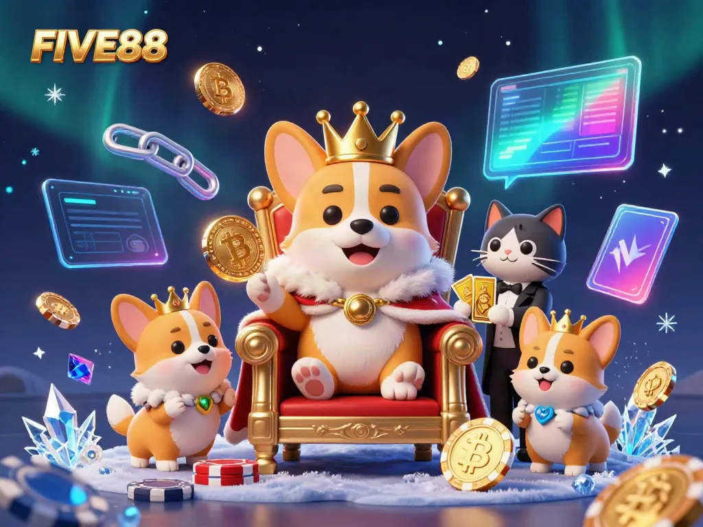 Experience thrilling gaming at FIVE88 with a royal corgi on a poker chip throne in a vibrant casino scene.