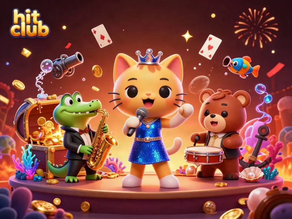 Experience thrilling games at hit club with a vibrant casino stage featuring playful characters.