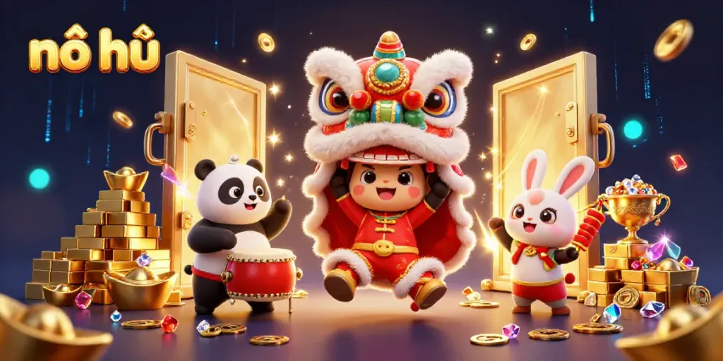 Engage in nổ hũ action with vibrant characters, gold treasures, and dazzling animations