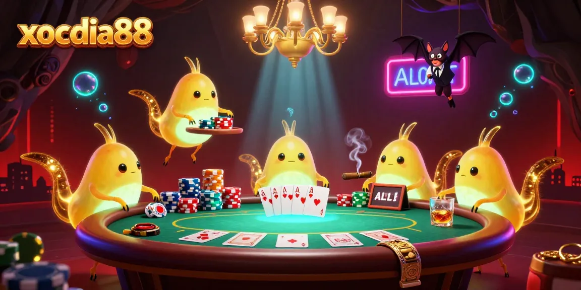 Xocdia88 showcases a playful casino scene with glowworms illuminating a poker table filled with colorful chips and cards.