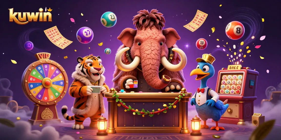 Kuwin lottery scene featuring a woolly mammoth, saber-tooth tiger, and dodo bird with vibrant gaming elements.
