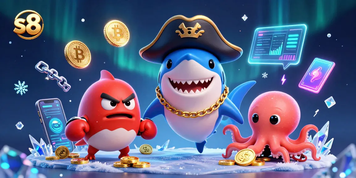 Engage with s8's exciting games featuring a pirate shark, pufferfish, and octopus in a vibrant casino scene