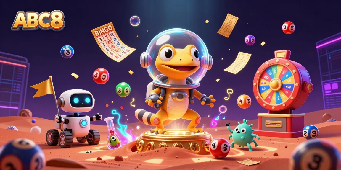 ABC8 offers vibrant lottery excitement with colorful balls and a lucky Martian explorer in a cosmic casino setting.