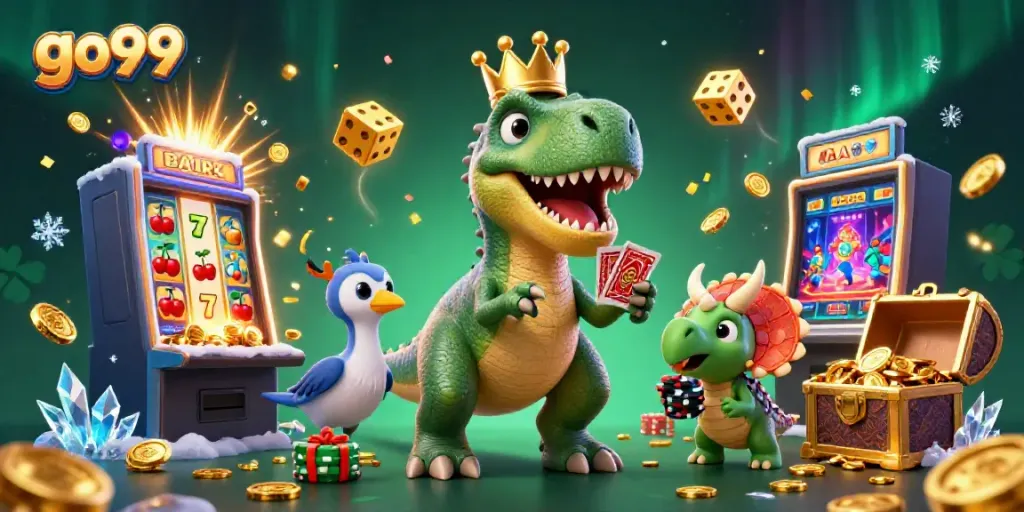 Unleash exciting gaming at go99 with T-Rex, pterodactyl, and triceratops in a vibrant online casino scene.