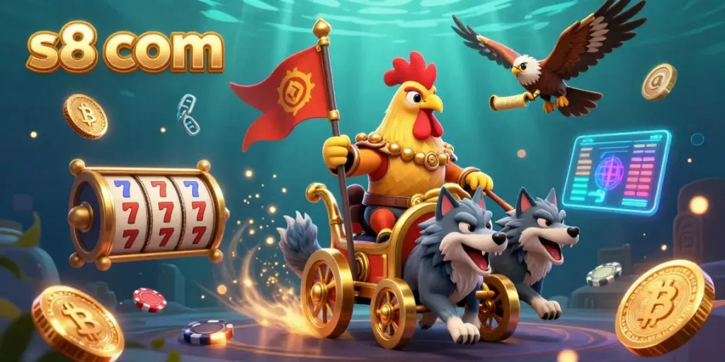Engage in vibrant casino action at s8 com featuring a rooster warlord, golden chariot, and dynamic gambling elements.
