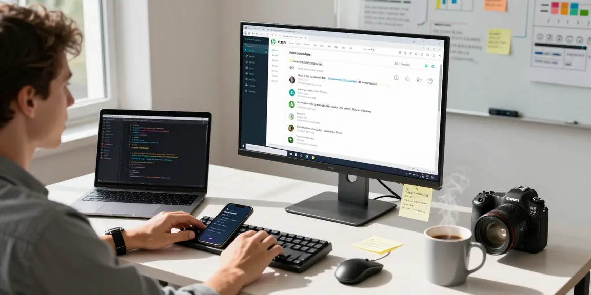 Using WhatsApp電腦版 in a modern workspace with vibrant tech tools and productivity elements.