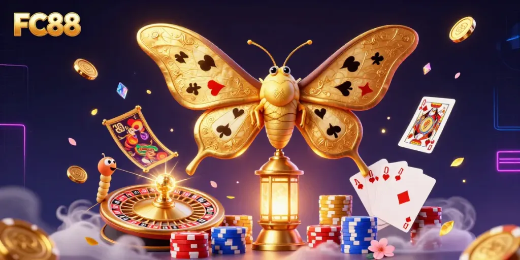 Experience the excitement of FC88 with a vibrant 3D illustration showcasing a colorful casino scene filled with treasures and games.
