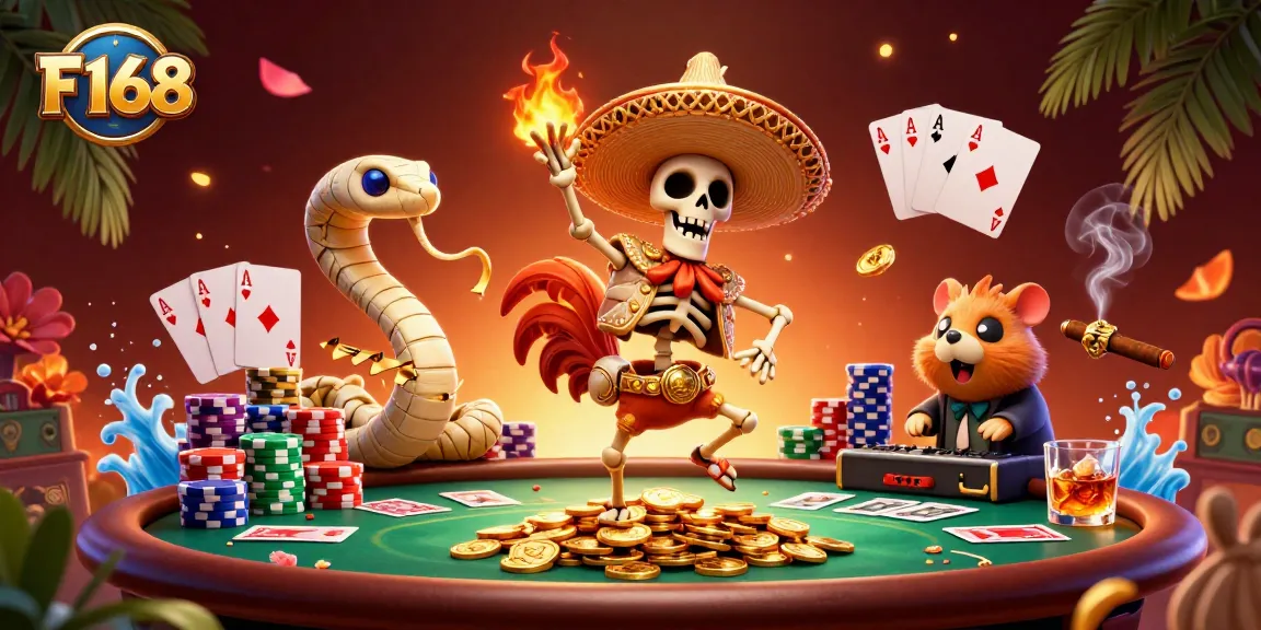 Experience the excitement of F 168 as a cartoon skeleton dances on golden coins with vibrant casino elements.
