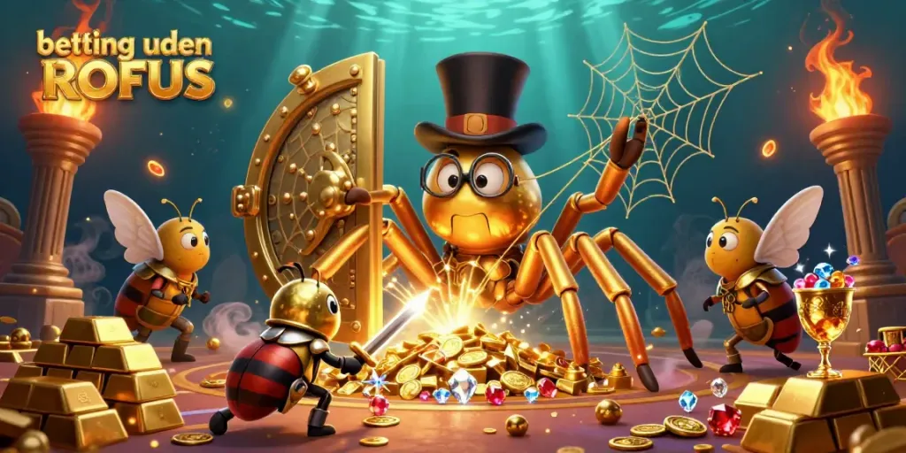 Experience thrilling betting uden ROFUS with a dynamic 3D illustration featuring a golden tarantula and casino elements.