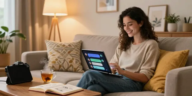Engaging spicy AI conversation in a cozy modern living room with a woman using a tablet.