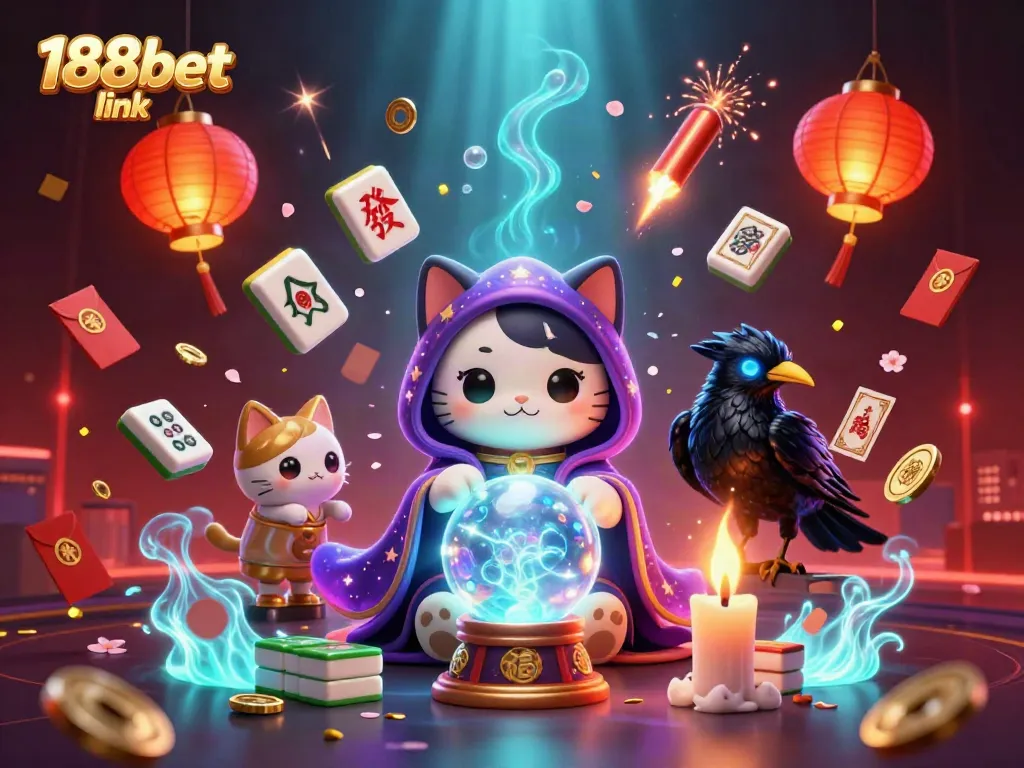 Engage with the 188bet link in an immersive 3D illustration showcasing a mystical cat, a raven, and dynamic casino elements.