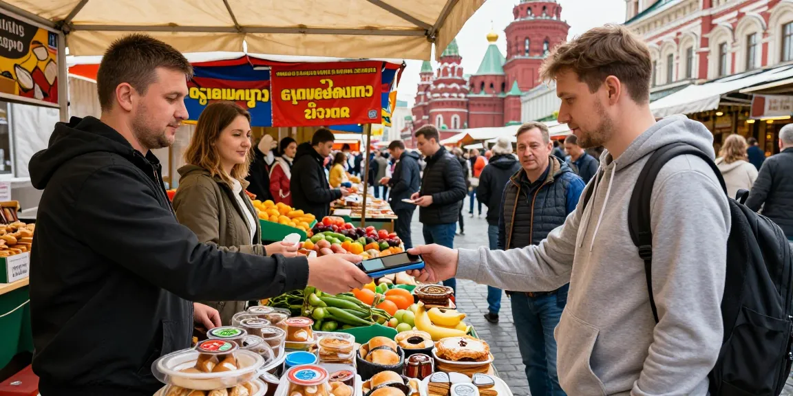 Betalingen met https://payinrussia.com/ in een bruisende markt in Moskou, waar een toerist lokale gerechten koopt.
