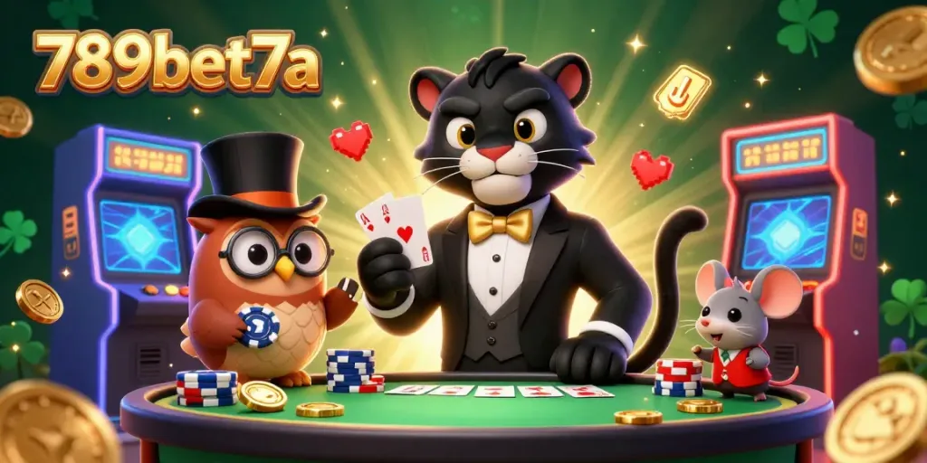 Engage in thrilling casino action with 789bet7a, where a tuxedoed panther and friends play cards.