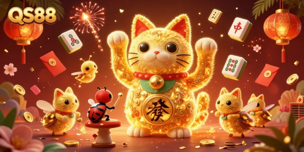 Experience thrilling gameplay with QS88's golden lucky cat surrounded by dynamic casino elements.