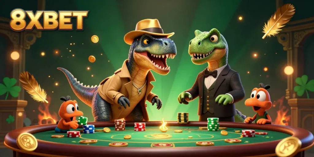 8XBET offers intense blackjack action with cartoon velociraptor card counters and thrilling casino elements.