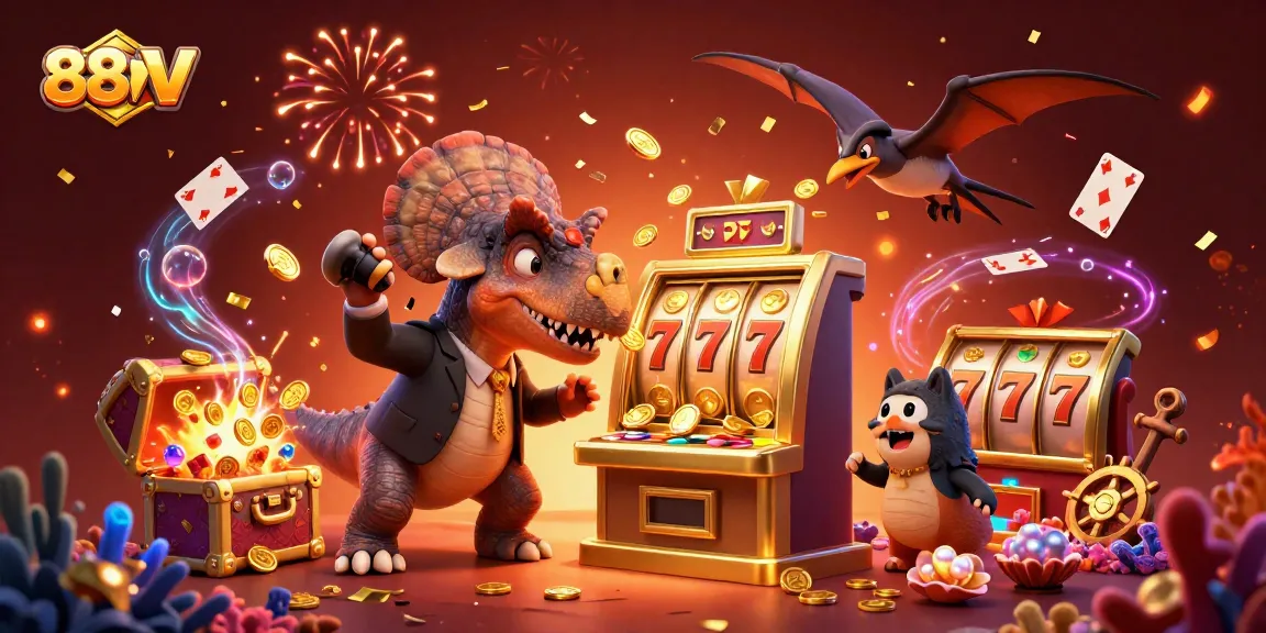 88VV platform illustrated with cartoon dinosaur themes as it heads for jackpot coins in an exciting casino environment.