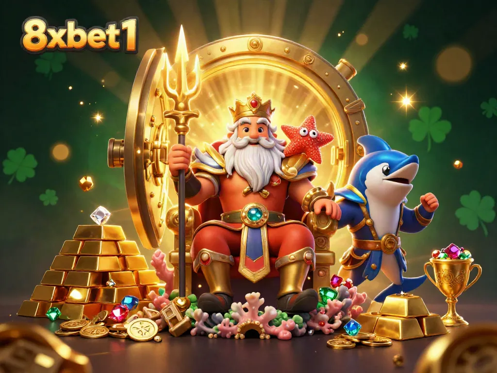Engage in thrilling adventures at 8xbet1 with Neptune and treasures in a vibrant casino scene.