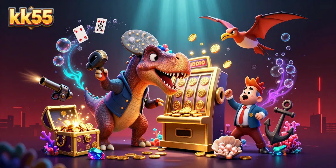 kk55 features a pachycephalosaurus winning a jackpot with a slot machine in a vibrant underwater casino scene.
