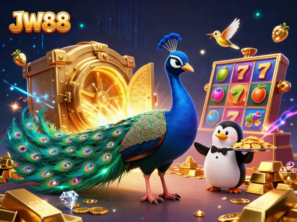 JW88 captures the excitement of slot machines with vibrant 3D casino elements and lively characters.