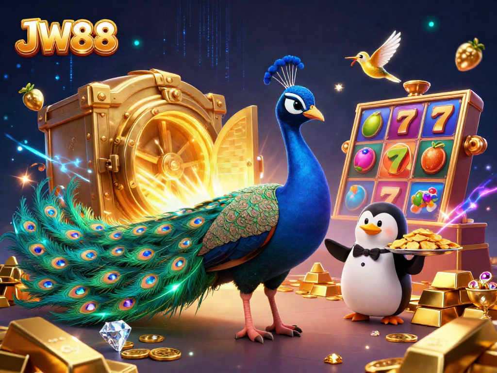 JW88 captures the excitement of slot machines with vibrant 3D casino elements and lively characters.
