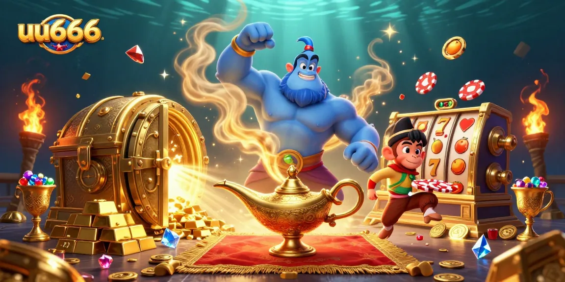 uu666 features an energetic casino scene with a blue genie, a monkey, and poker chips.