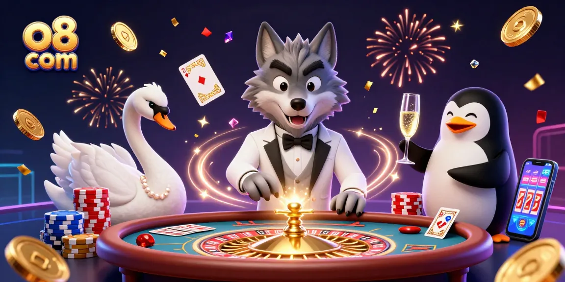 Play games at o8 com, enjoy thrilling baccarat amidst dazzling casino elements showcasing excitement.