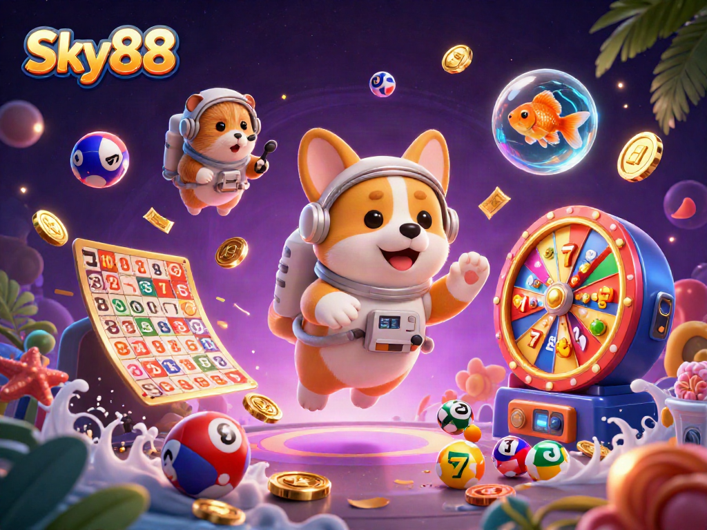 Experience thrilling fun at Sky88 with a vibrant casino scene featuring a floating corgi and dynamic gaming elements.