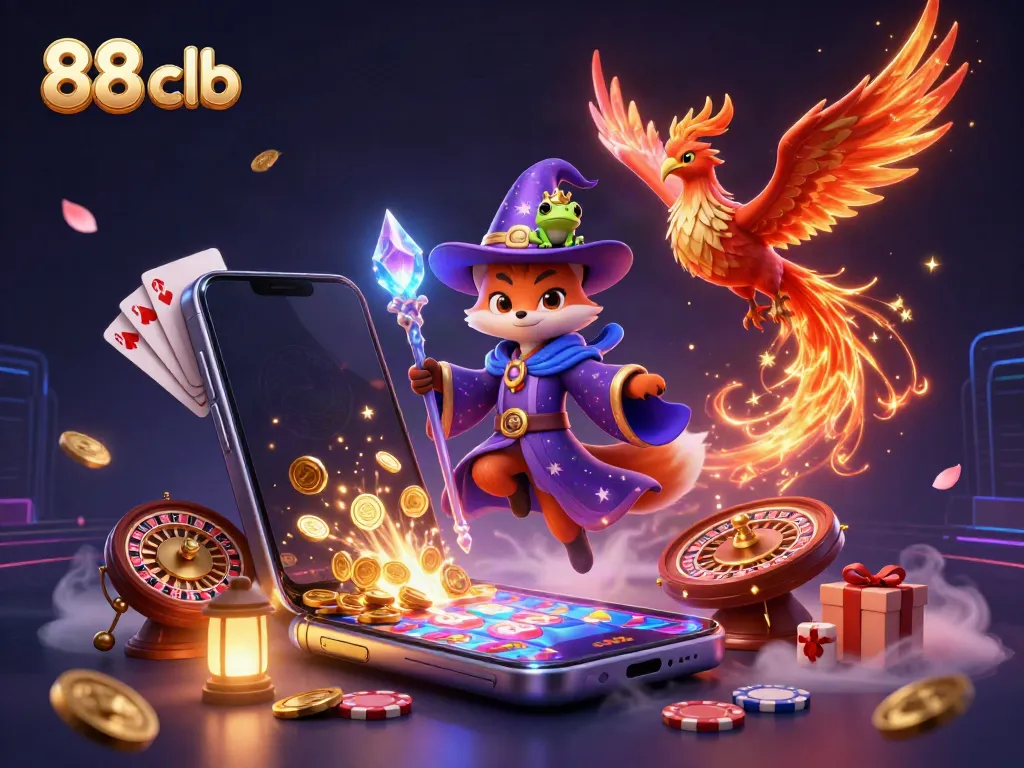 Engage with exciting game features at 88 clb with an enchanting illustration of a wizard fox, phoenix, and gambling elements.