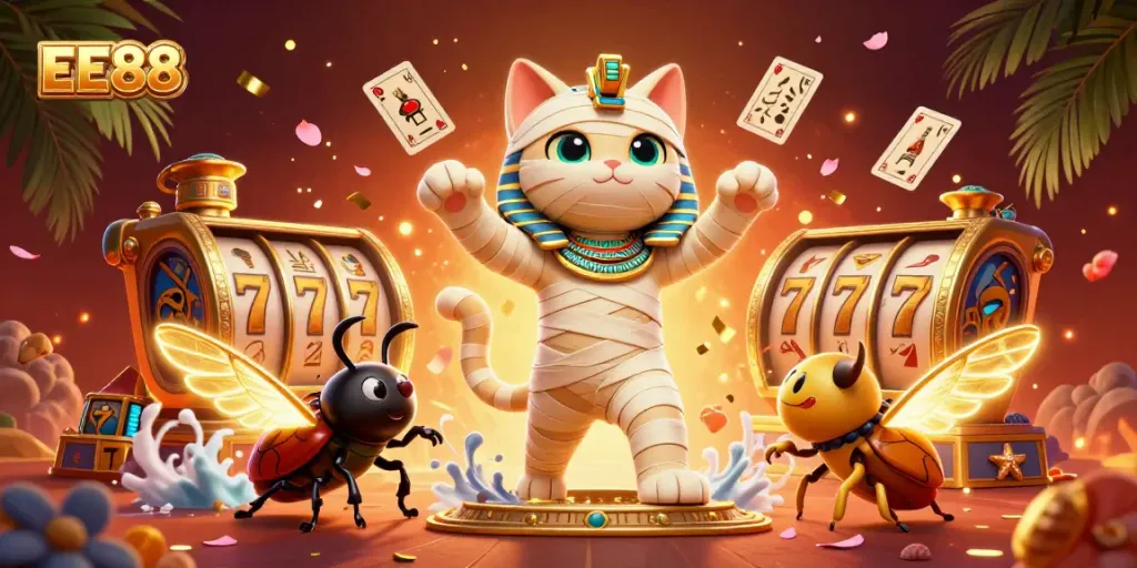 Experience the excitement of EE88 with a vibrant 3D scene of a mummy cat and golden sarcophagus in a lively casino environment.