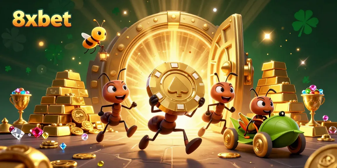 Join the adventure with 8xbet as ants steal a giant poker chip in a vibrant heist scene.