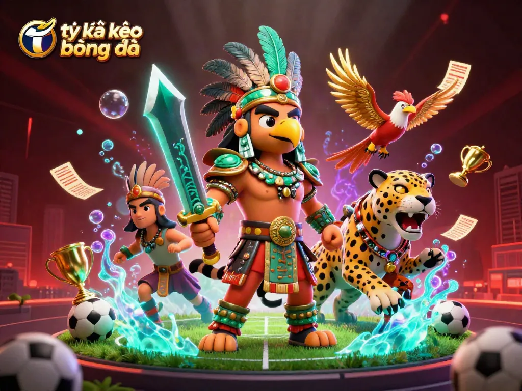 Use tỷ lệ kèo bóng đá to master sports betting strategies in a vibrant 3D illustration of a football stadium.