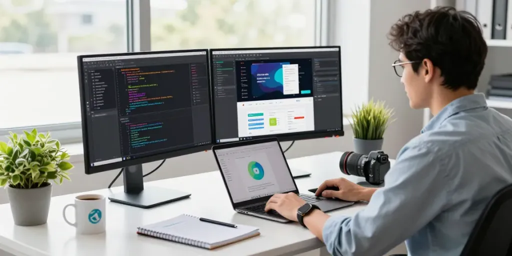 Professioneel webdevelopment kantoor met ontwikkelaar die code schrijft.