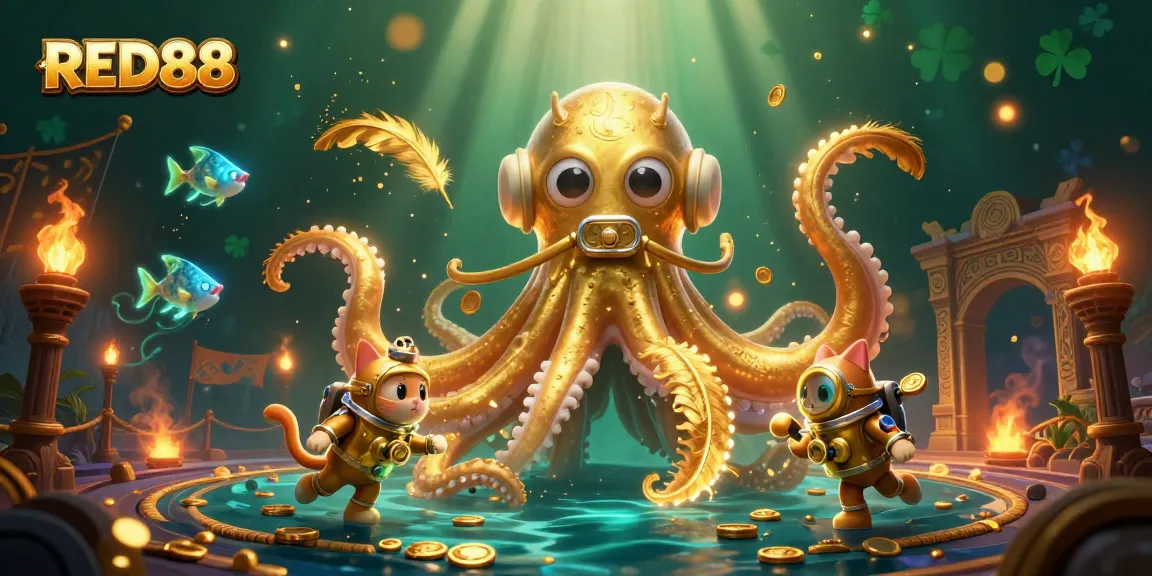 Experience thrilling games at RED88 with a kraken and diving cat in a vibrant casino scene.