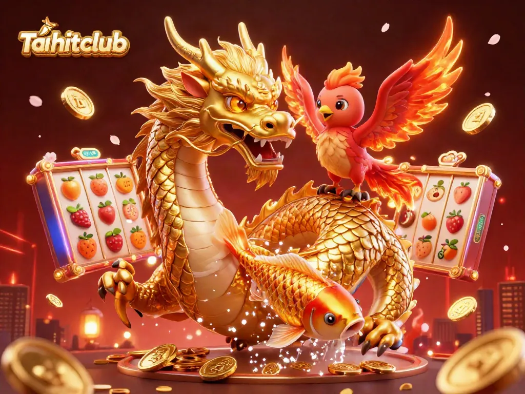Tải hitclub with a vibrant scene of a golden dragon, phoenix, and koi fish amidst a shower of coins and slot game elements.