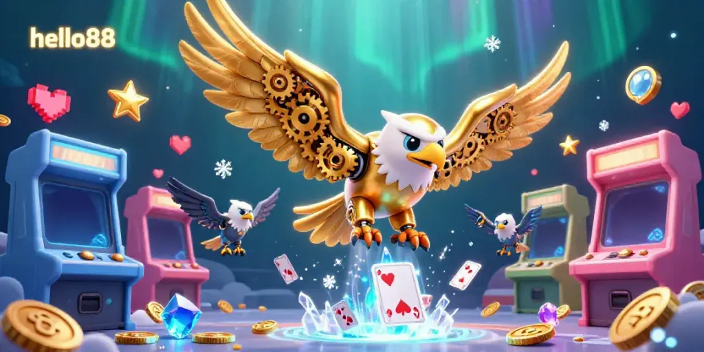Experience the vibrant world of hello88 with a golden eagle diving through holographic cards amidst colorful casino elements.