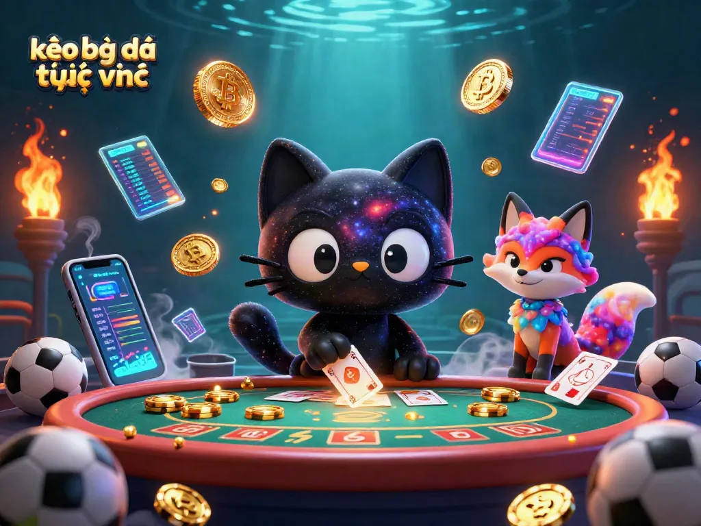 Experience kèo bóng đá trực tuyến through an engaging scene with sports betting elements and cosmic characters.