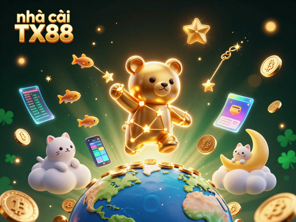 Engage in exciting gaming with nhà cái TX88, featuring vibrant 3D elements of crypto coins and a constellation bear.