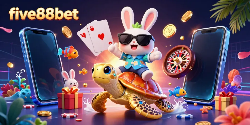 Engage with the vibrant, dynamic world of five88bet featuring a lucky rabbit and golden sea turtle.