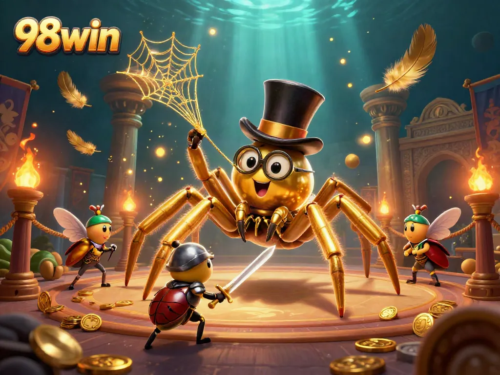 Engage in thrilling gameplay at 98win with a 3D cartoon illustration of a golden tarantula weaving its web in a lively casino.
