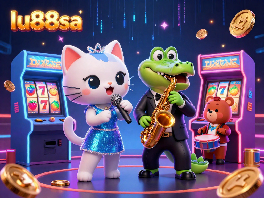 Experience vibrant gaming excitement at lu88sa with a jazzy cat, croc, and bear in a lively casino scene.