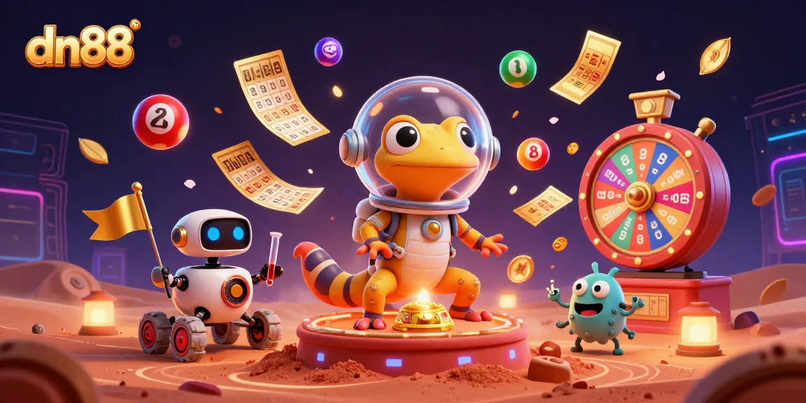 Experience thrilling gameplay at dn88 with a Martian gecko uncovering treasures in a golden casino.