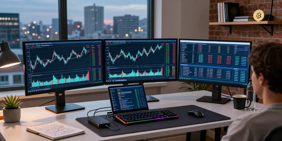 Suivi blockchain dans un bureau moderne avec écran de transactions Bitcoin, tableau DeFi et portefeuille numérique affichés.