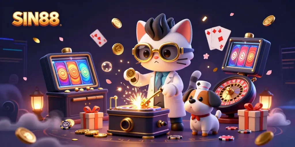 SIN88 online casino illustration featuring a mad scientist cat and assistant with slot game elements, showcasing engaging casino culture.