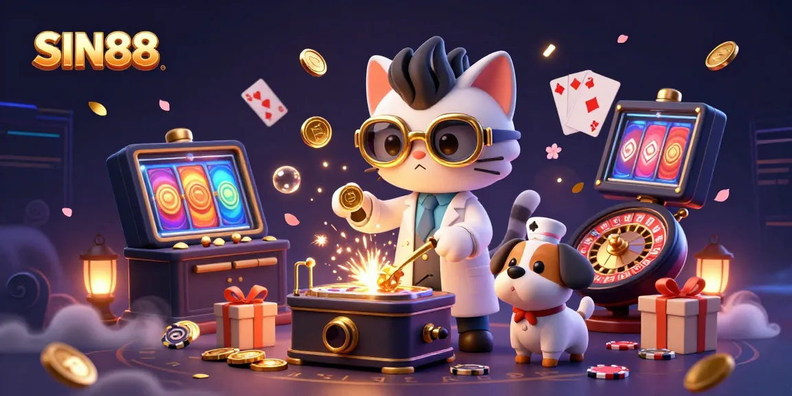SIN88 online casino illustration featuring a mad scientist cat and assistant with slot game elements, showcasing engaging casino culture.
