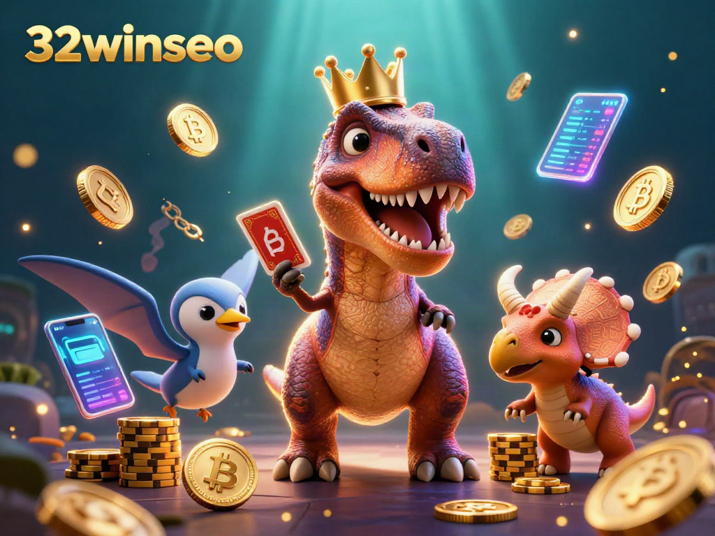 Engage in vibrant gameplay with 32winseo featuring a T-Rex shuffling cards with a pterodactyl and a triceratops stacking chips.