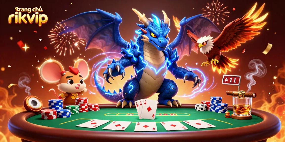 Engage with the thrilling universe of trang chủ rikvip, featuring vibrant characters around a lively poker scene.