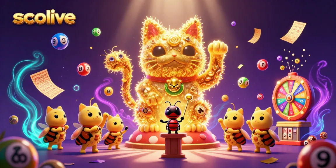 Socolive features a vibrant display of colorful lottery balls and a giant lucky cat symbolizing luck in casino games.