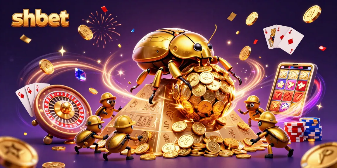 Experience the excitement of shbet with golden coins and card games in this vibrant 3D scene.
